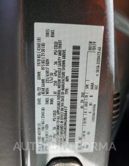 FORD ESCAPE SE 2022 vin 1FMCU0G63NUB06417 from auto auction Copart