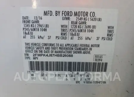 FORD EDGE SEL 2017 vin 2FMPK4J87HBB26088 from auto auction Copart