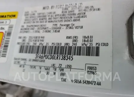 FORD FUSION SEL 2020 vin 3FA6P0CD0LR138345 from auto auction Copart