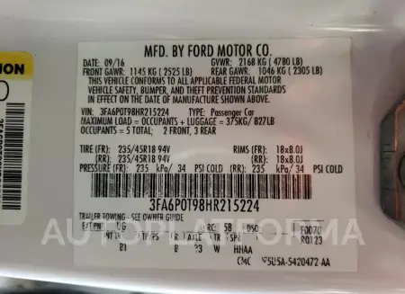 FORD FUSION SE 2017 vin 3FA6P0T98HR215224 from auto auction Copart