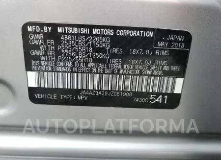 MITSUBISHI outlander 2018 vin JA4AZ3A39JZ061908 from auto auction Copart