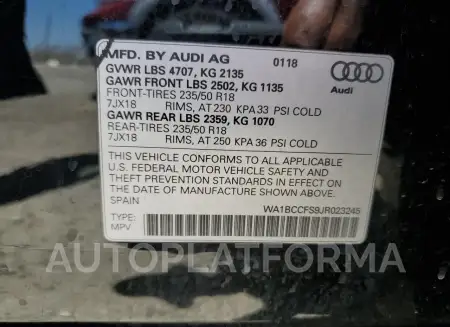 AUDI Q3 PREMIUM 2018 vin WA1BCCFS9JR023245 from auto auction Copart