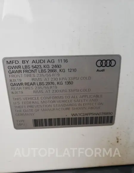 AUDI Q5 PREMIUM 2017 vin WA1C2AFP5HA078890 from auto auction Copart