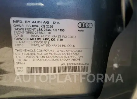 AUDI Q3 PREMIUM 2016 vin WA1EFCFSXGR014860 from auto auction Copart