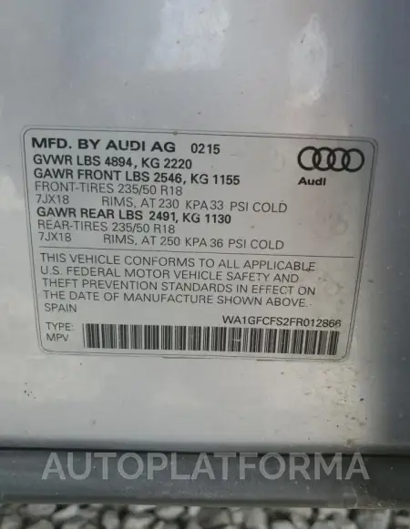 AUDI Q3 PRESTIG 2015 vin WA1GFCFS2FR012866 from auto auction Copart