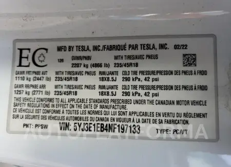 TESLA MODEL 3 2022 vin 5YJ3E1EB4NF197133 from auto auction Copart