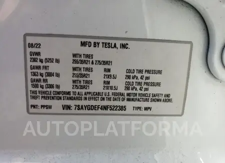 TESLA MODEL Y 2022 vin 7SAYGDEF4NF522385 from auto auction Copart