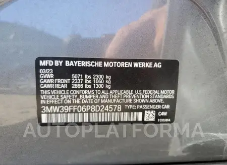 BMW 330E 2023 vin 3MW39FF06P8D24578 from auto auction Copart