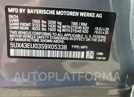 BMW X5 XDRIVE5 2025 vin 5UX43EU03S9X05338 from auto auction Copart