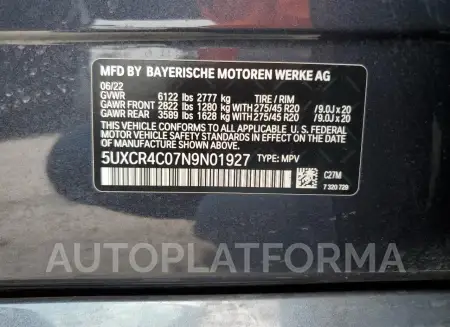 BMW X5 SDRIVE 2022 vin 5UXCR4C07N9N01927 from auto auction Copart