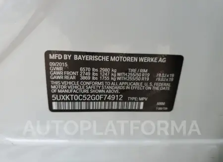 BMW X5 XDR40E 2016 vin 5UXKT0C52G0F74912 from auto auction Copart