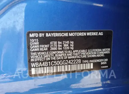 BMW 435 I GRAN 2016 vin WBA4B1C50GG242228 from auto auction Copart