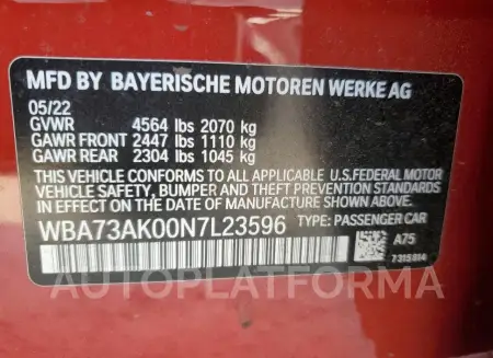 BMW 228XI 2022 vin WBA73AK00N7L23596 from auto auction Copart