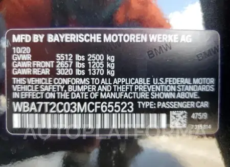 BMW 740 I 2021 vin WBA7T2C03MCF65523 from auto auction Copart