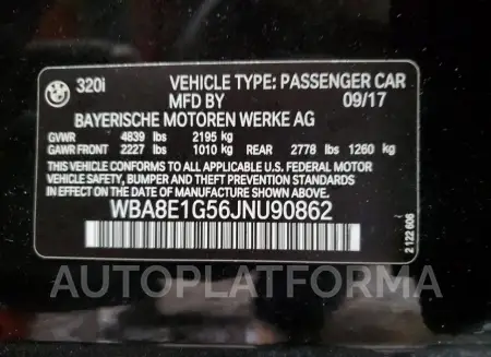 BMW 320 I 2018 vin WBA8E1G56JNU90862 from auto auction Copart