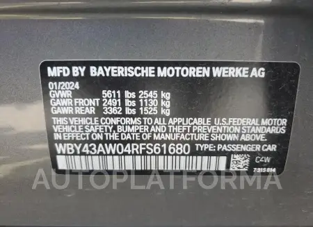 BMW I4 EDRIVE 2024 vin WBY43AW04RFS61680 from auto auction Copart