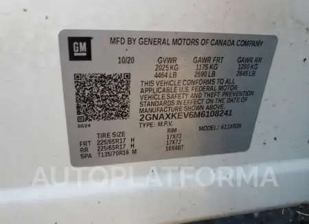 CHEVROLET EQUINOX LT 2021 vin 2GNAXKEV6M6108241 from auto auction Copart