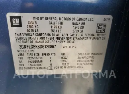 CHEVROLET EQUINOX LT 2016 vin 2GNFLGEK8G6120867 from auto auction Copart