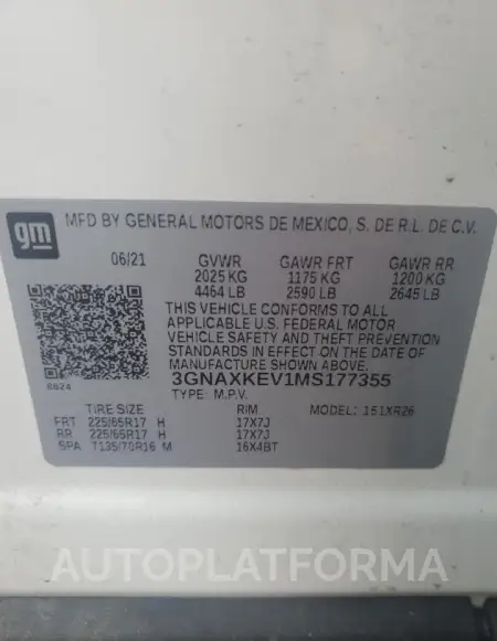 CHEVROLET EQUINOX LT 2021 vin 3GNAXKEV1MS177355 from auto auction Copart