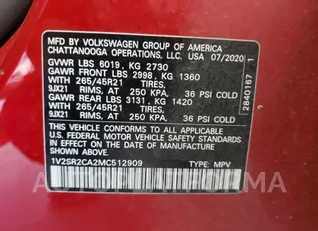 VOLKSWAGEN ATLAS SEL 2021 vin 1V2SR2CA2MC512909 from auto auction Copart