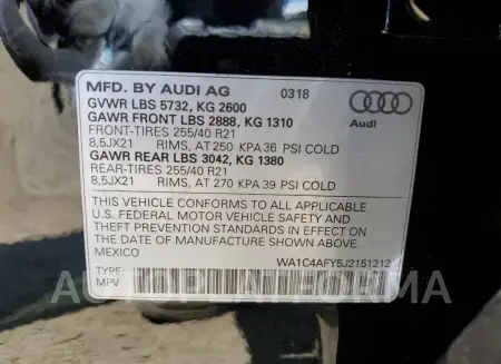 AUDI SQ5 PRESTI 2018 vin WA1C4AFY5J2151212 from auto auction Copart