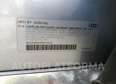 AUDI A8 L QUATT 2015 vin WAU3GAFD3FN014315 from auto auction Copart