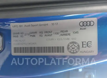 AUDI RS3 2018 vin WUABWGFF0J1902805 from auto auction Copart