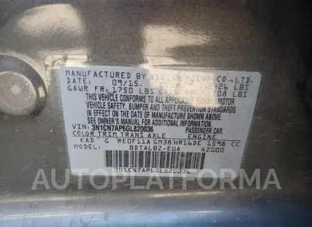 NISSAN VERSA S 2016 vin 3N1CN7AP6GL820036 from auto auction Copart