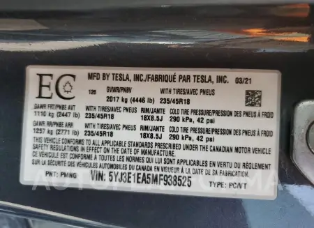 TESLA MODEL 3 2021 vin 5YJ3E1EA5MF938525 from auto auction Copart