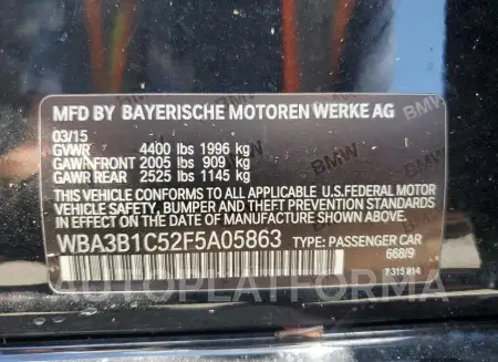 BMW 320 I 2015 vin WBA3B1C52F5A05863 from auto auction Copart