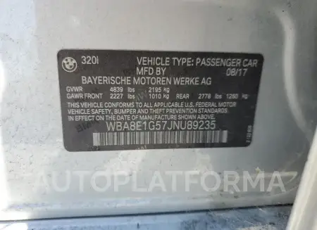 BMW 320 I 2018 vin WBA8E1G57JNU89235 from auto auction Copart