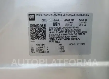 CHEVROLET EQUINOX LT 2022 vin 3GNAXKEV6NL109127 from auto auction Copart