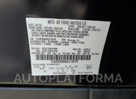 FORD TAURUS SEL 2016 vin 1FAHP2E8XGG118797 from auto auction Copart