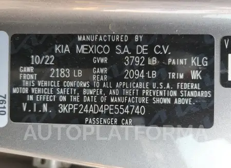 KIA FORTE LX 2023 vin 3KPF24AD4PE554740 from auto auction Copart