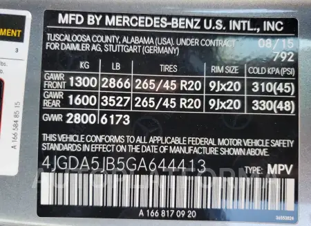 MERCEDES-BENZ GLE 350 2016 vin 4JGDA5JB5GA644413 from auto auction Copart