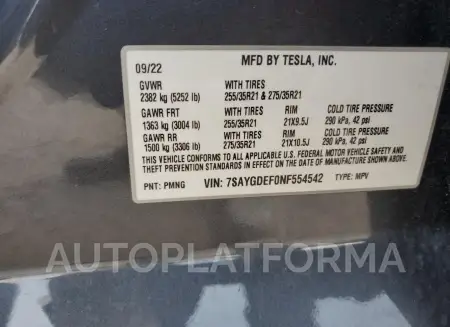 TESLA MODEL Y 2022 vin 7SAYGDEF0NF554542 from auto auction Copart