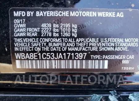 BMW 330E 2018 vin WBA8E1C53JA171397 from auto auction Copart