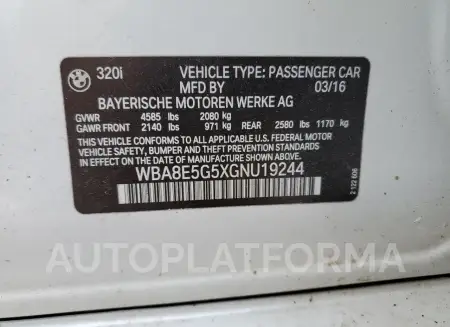 BMW 320 XI 2016 vin WBA8E5G5XGNU19244 from auto auction Copart