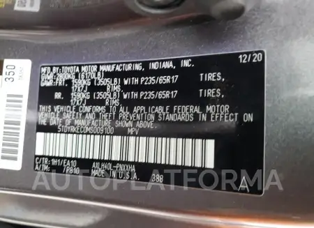 TOYOTA SIENNA XLE 2021 vin 5TDYRKEC0MS009100 from auto auction Copart