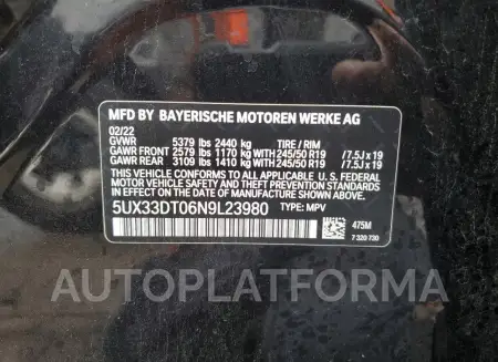 BMW X4 XDRIVE3 2022 vin 5UX33DT06N9L23980 from auto auction Copart