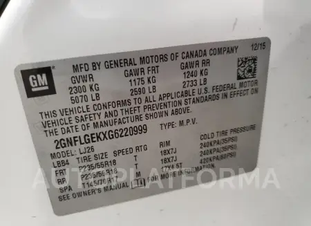 CHEVROLET EQUINOX LT 2016 vin 2GNFLGEKXG6220999 from auto auction Copart