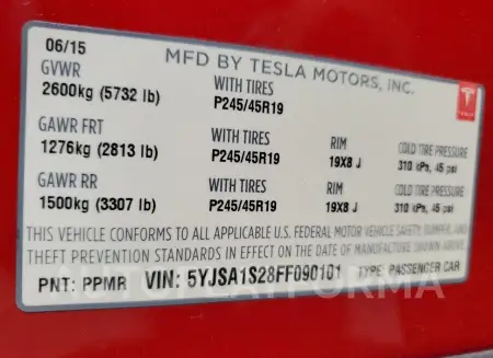 TESLA MODEL S 70 2015 vin 5YJSA1S28FF090101 from auto auction Copart