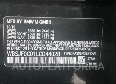 BMW M5 BASE 2020 vin WBSJF0C01LCD44028 from auto auction Copart