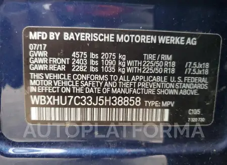 BMW X1 SDRIVE2 2018 vin WBXHU7C33J5H38858 from auto auction Copart