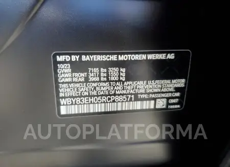 BMW I7 M70 2024 vin WBY83EH05RCP88571 from auto auction Copart