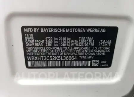 BMW X1 XDRIVE2 2019 vin WBXHT3C52K5L36664 from auto auction Copart