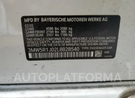 BMW 330I 2020 vin 3MW5R1J02L8B28540 from auto auction Copart