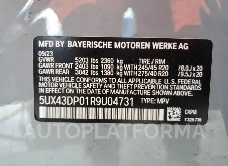 BMW X3 SDRIVE3 2024 vin 5UX43DP01R9U04731 from auto auction Copart