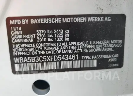 BMW 535 XI 2015 vin WBA5B3C5XFD543461 from auto auction Copart