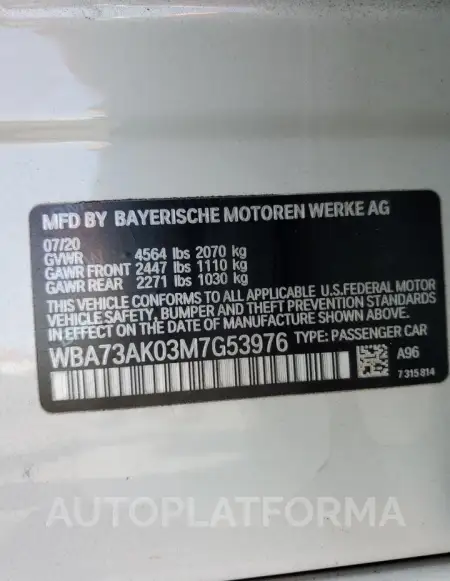 BMW 228XI 2021 vin WBA73AK03M7G53976 from auto auction Copart